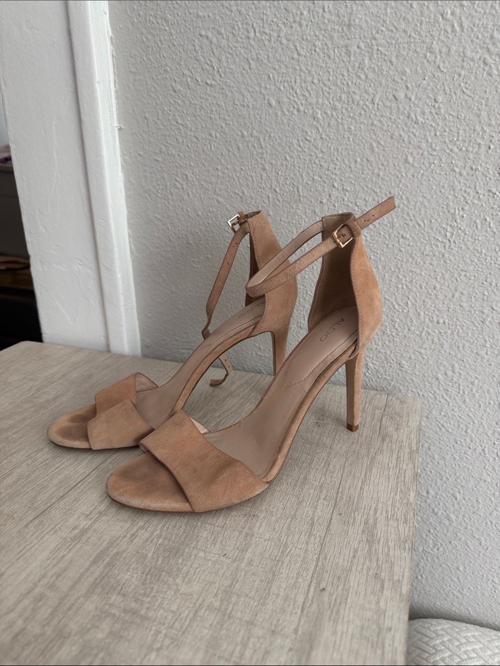 Aldo Suede Open-Toe Ankle-Strap Heels in Tan